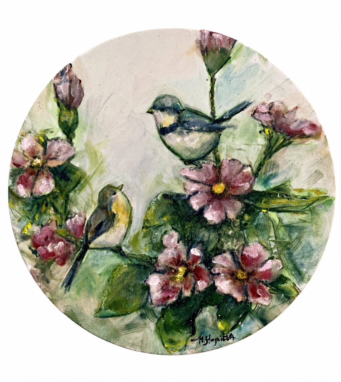 Spring. Birds original painting by Marina Stognieva, oil on round canvas, birds among spring flowers